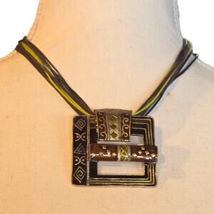 Vintage Necklace Enamel Brass Statement Pendant Earthy Color Tone 16" SKU 3039